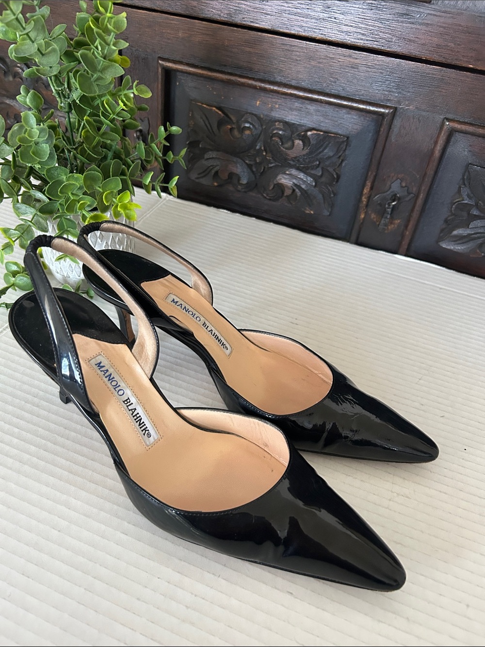 Manolo Blahnik Black Patent Leather Pointed Slingback Pumps